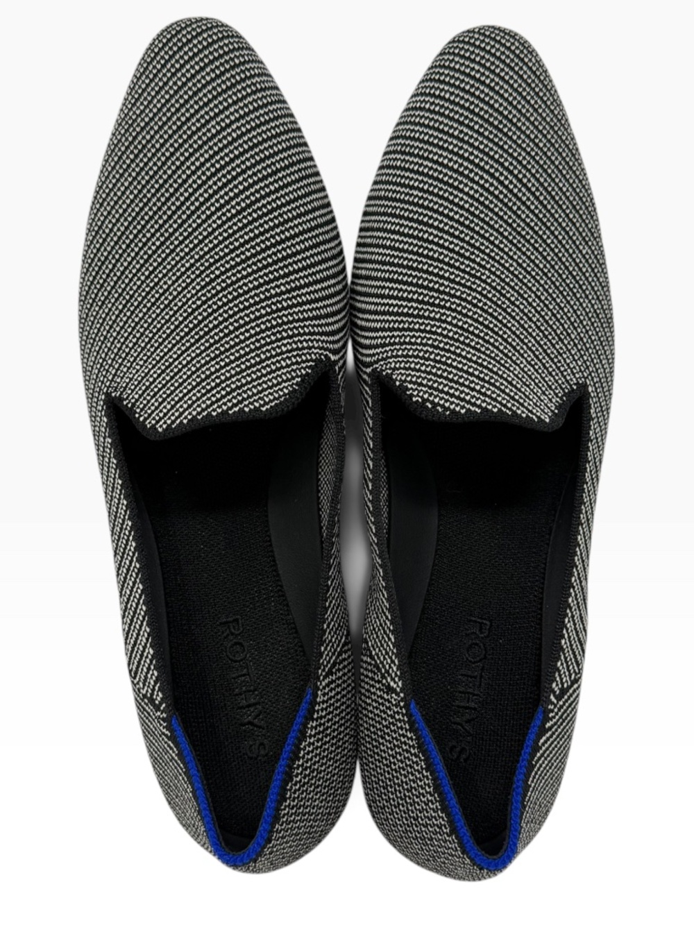 Rothy's The Almond Loafer Women's 9.5 Black White Knit Flats Blue Trim - Picture 2 of 11